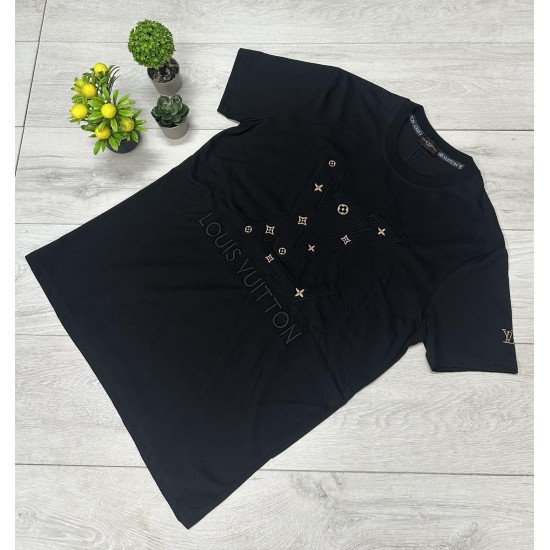 Louis Vuitton Μαύρο T-shirt με Χρυσές Μοτίβο-Λεπτομέρειες και Λογότυπο LV